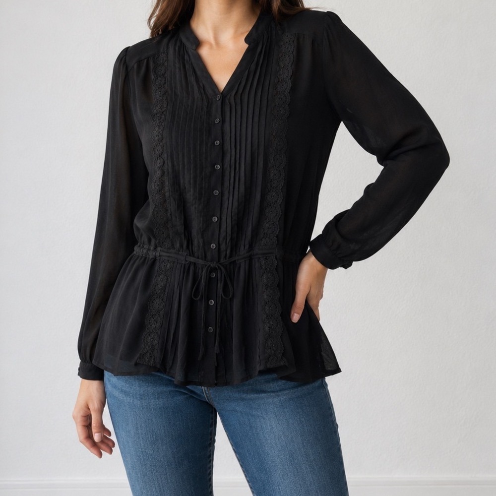 Next Black Lace Trim Pintuck Button Down Drawstring Waist Blouse UK 12 EUR 40 r3